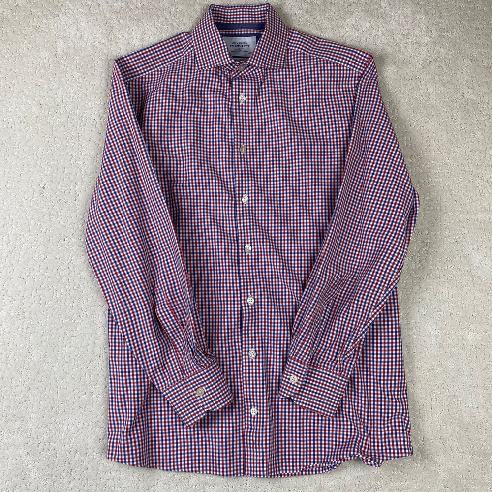Charles Tyrwhitt Shirt Mens 15.5/33 Red Blue Gingham Slim Fit Cotton Button Down - Picture 3 of 8